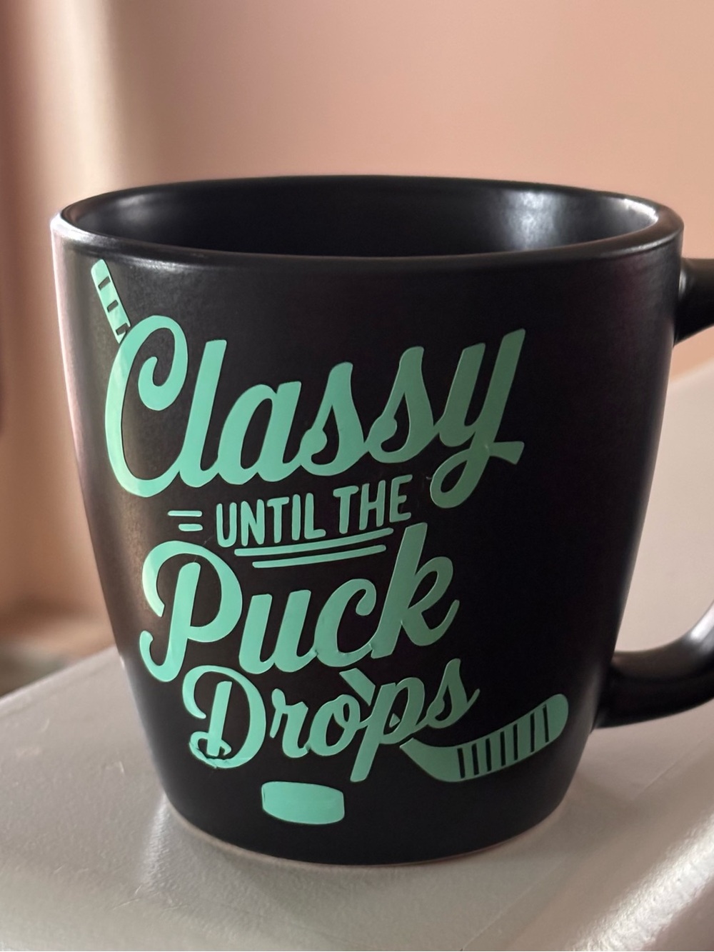Black Matte Hockey Mug with Mint Green 'Classy Until The Puck Drops' Print